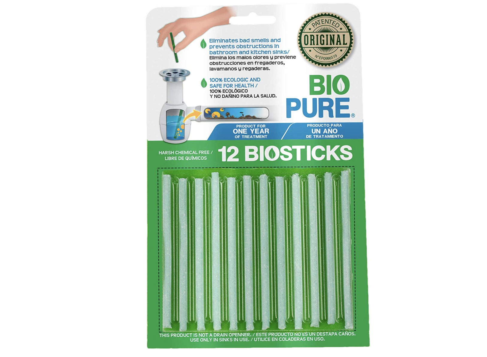 paquete con 12 bio sticks para quitar el mal olor de tuberías