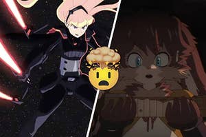 Anime characters, cat-lady holds lightsaber and six-armed woman wields six lightsabers