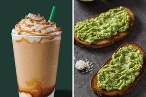 On the left, a Caramel Ribbon Crunch Frappuccino, and on the right, two slices of avocado toast