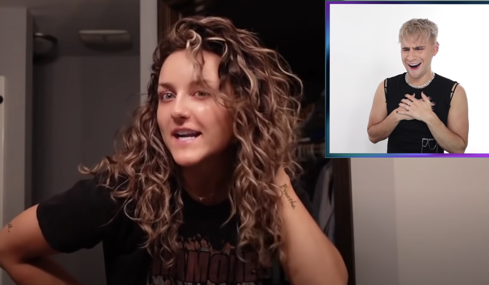 Brad reacting in excitement to girl with curly hair