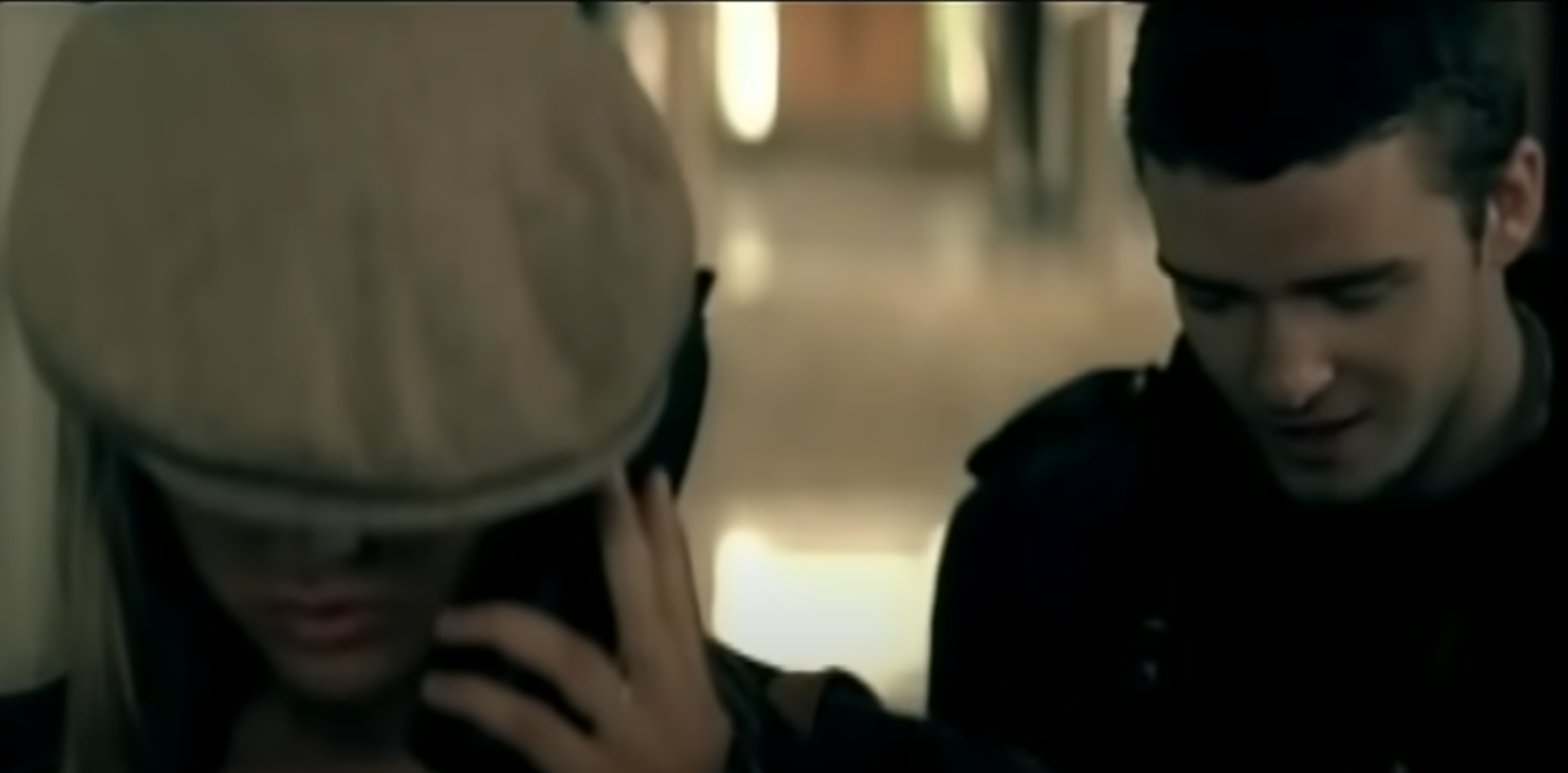 A frame from the &quot;Cry Me a River&quot; music video showing Justin Timberlake and a female actor