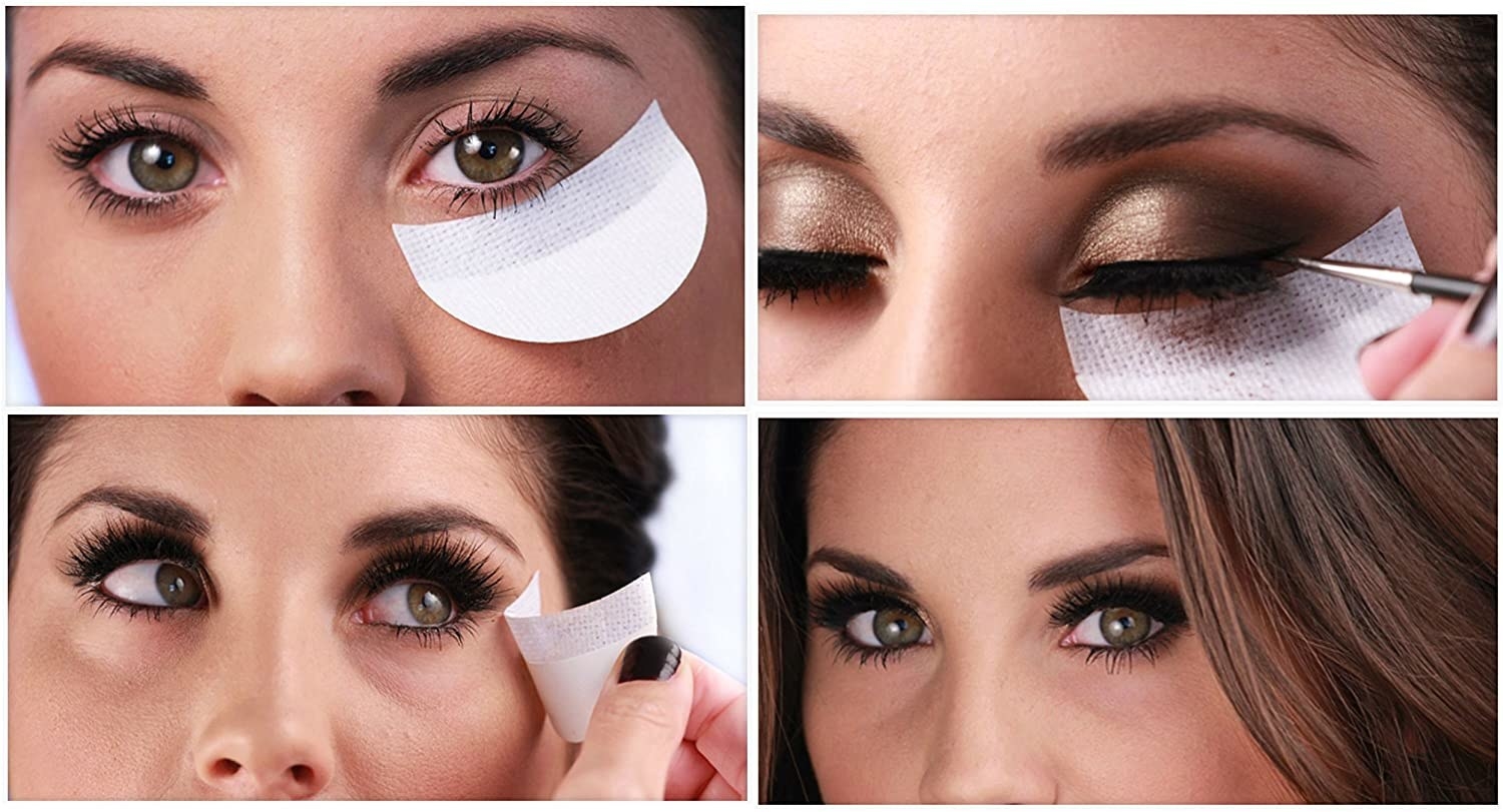 four images of a model using the shadow shield to apply eyeliner and eyeshadow