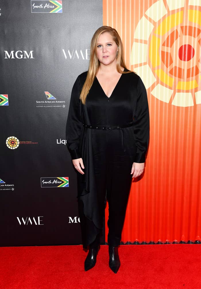 Amy Schumer in a dark jumpsuit on red carpet