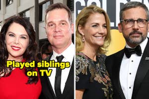 Lauren Graham and Peter Krause with caption "Played siblings on TV" and Steve and Nancy Carell