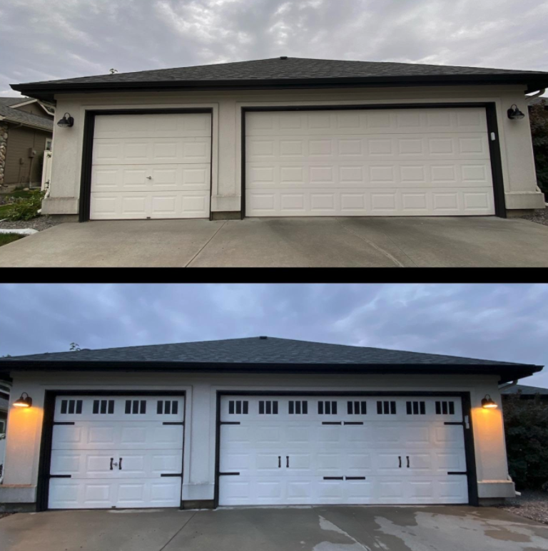 before/after of reviewer&#x27;s garage with the magnets added to make it look like a new garage door