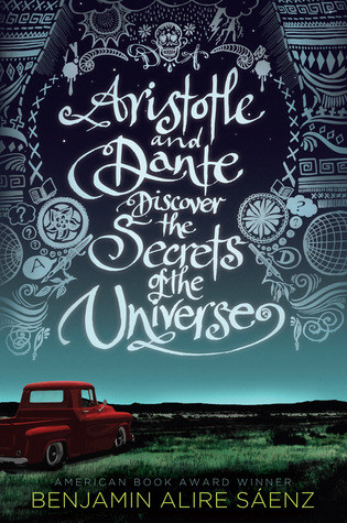 Book cover shows a night sky, an open field and a red pickup truck with white title text and illustrations surrounding it