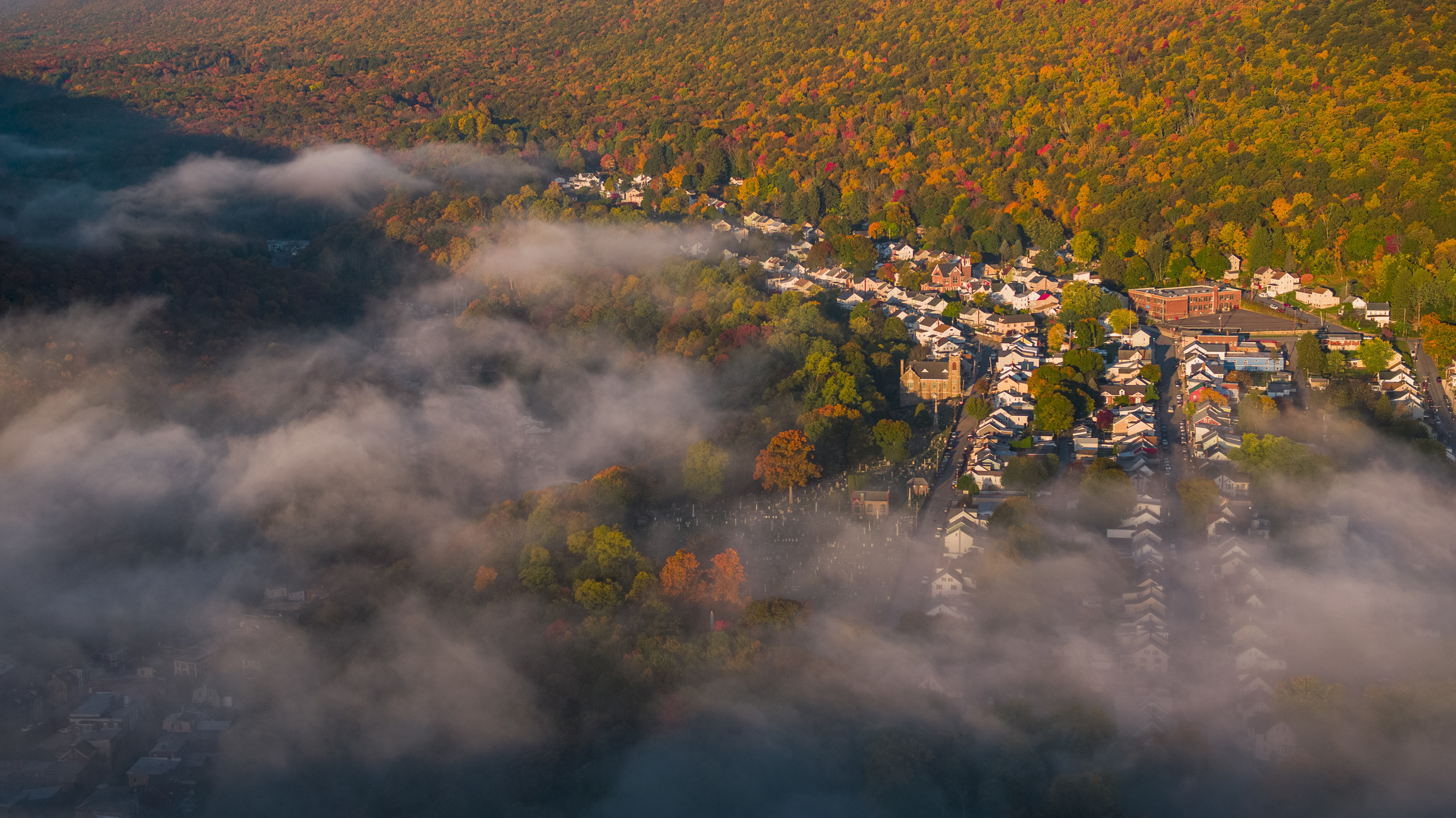 Low clouds in the Pocono Mountains over Jim Thorpe, PA.