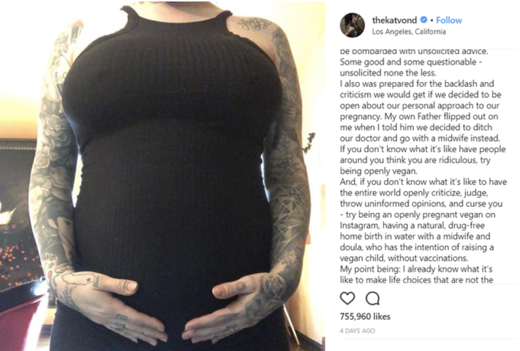 Picture of Kat&#x27;s Instagram post showing her baby bump and caption