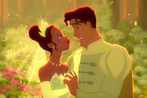 Tiana and Naveen from "The Princess and the Frog" staring into each other's eyes and holding hands in the middle of an enchanted forest