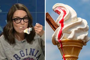 tina fey eating cake on the left and an ice cream cone on the right