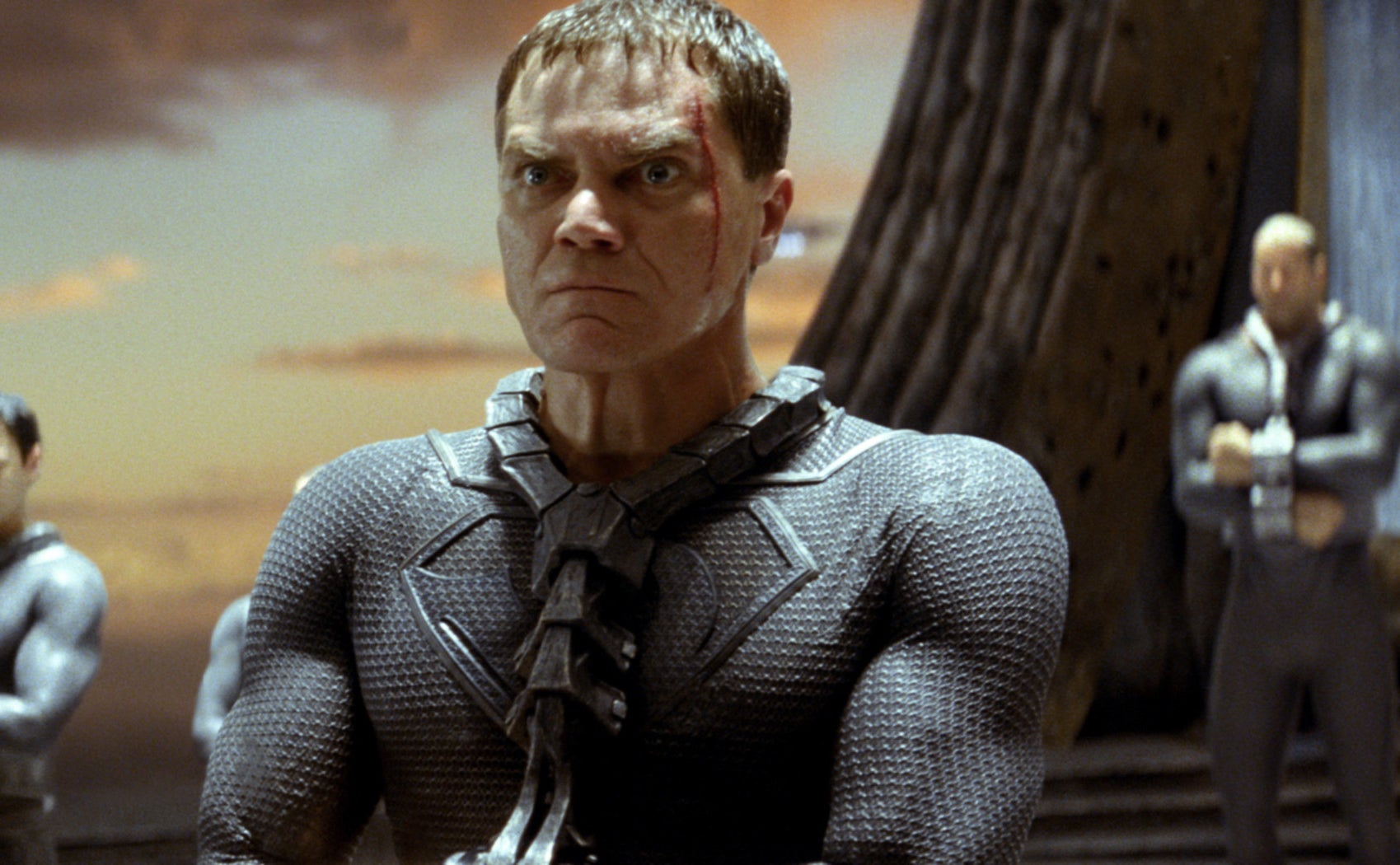 Michael Shannon looks angry while blood runs down his face