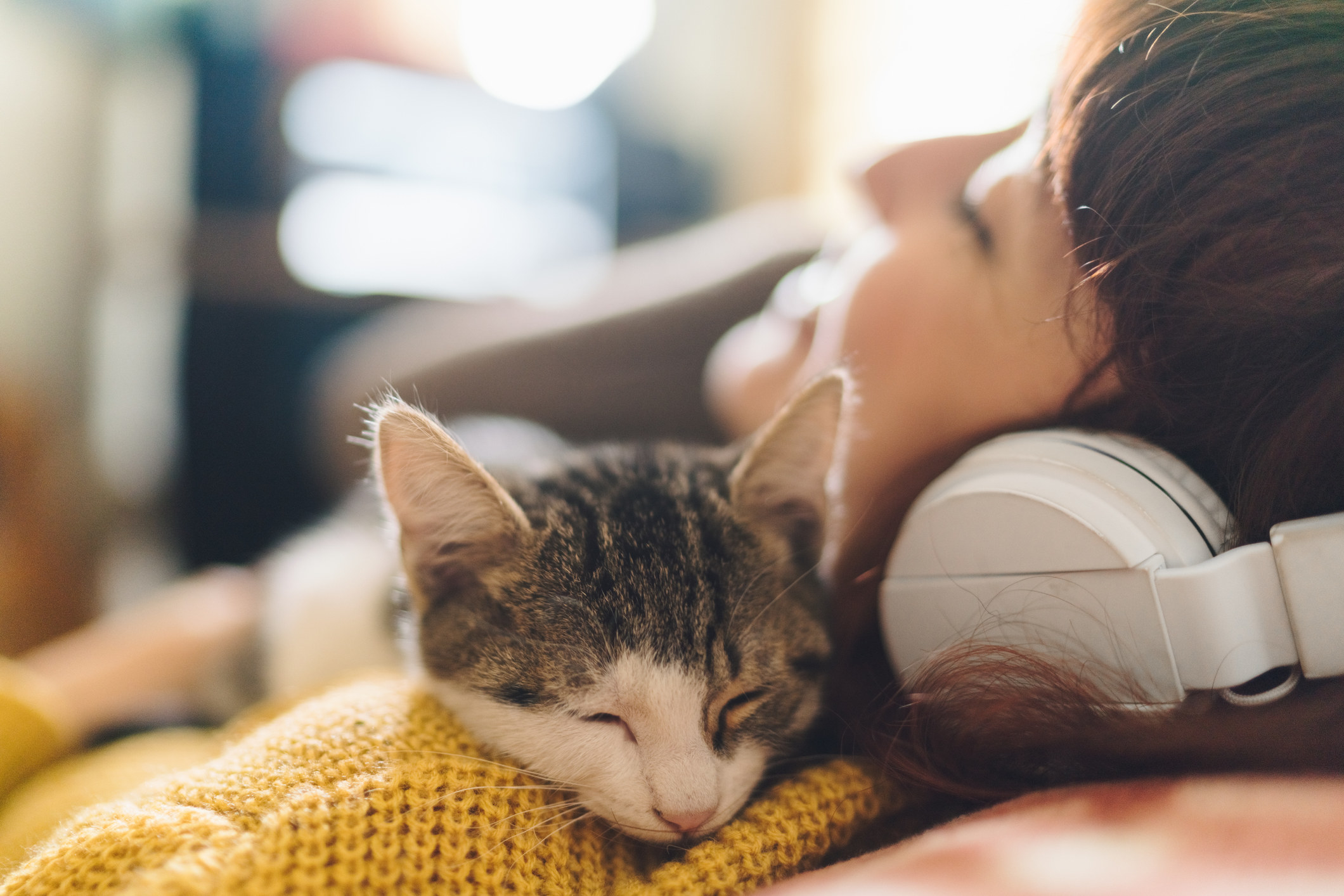 Girl with eyes closed cuddling a cat