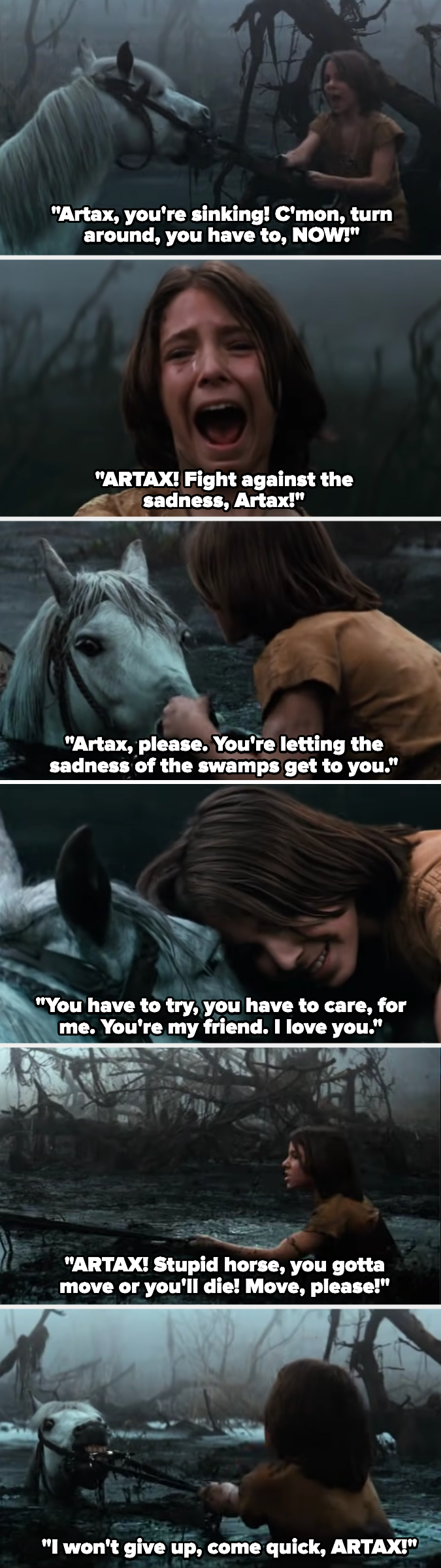 Atreyu tells Artax to fight as the horse sinks into the swamp