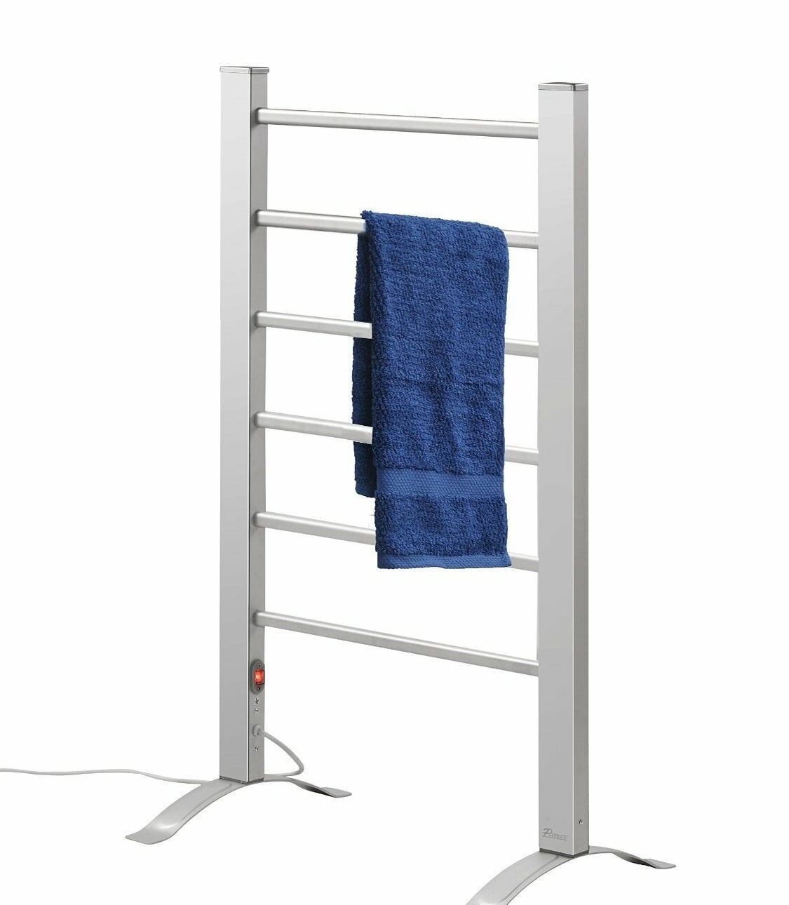 A silver stand with six rungs in the middle and a blue towel hanging on the second rung from the top
