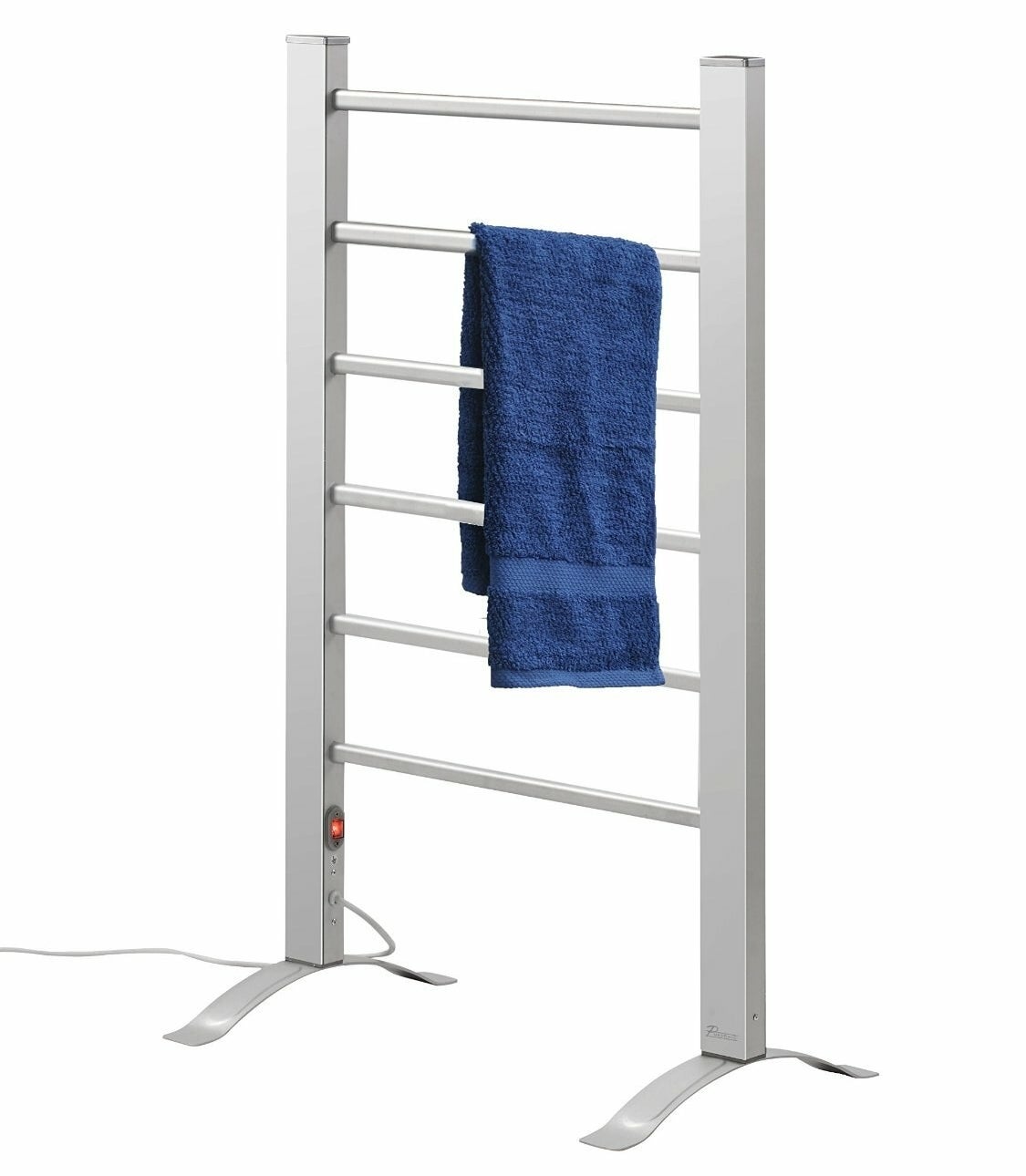 A silver stand with six rungs in the middle and a blue towel hanging on the second rung from the top