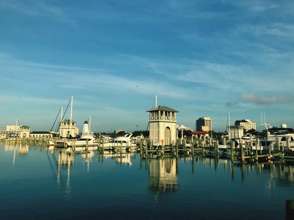 A harbor with ships in Gulfport, Mississippi.