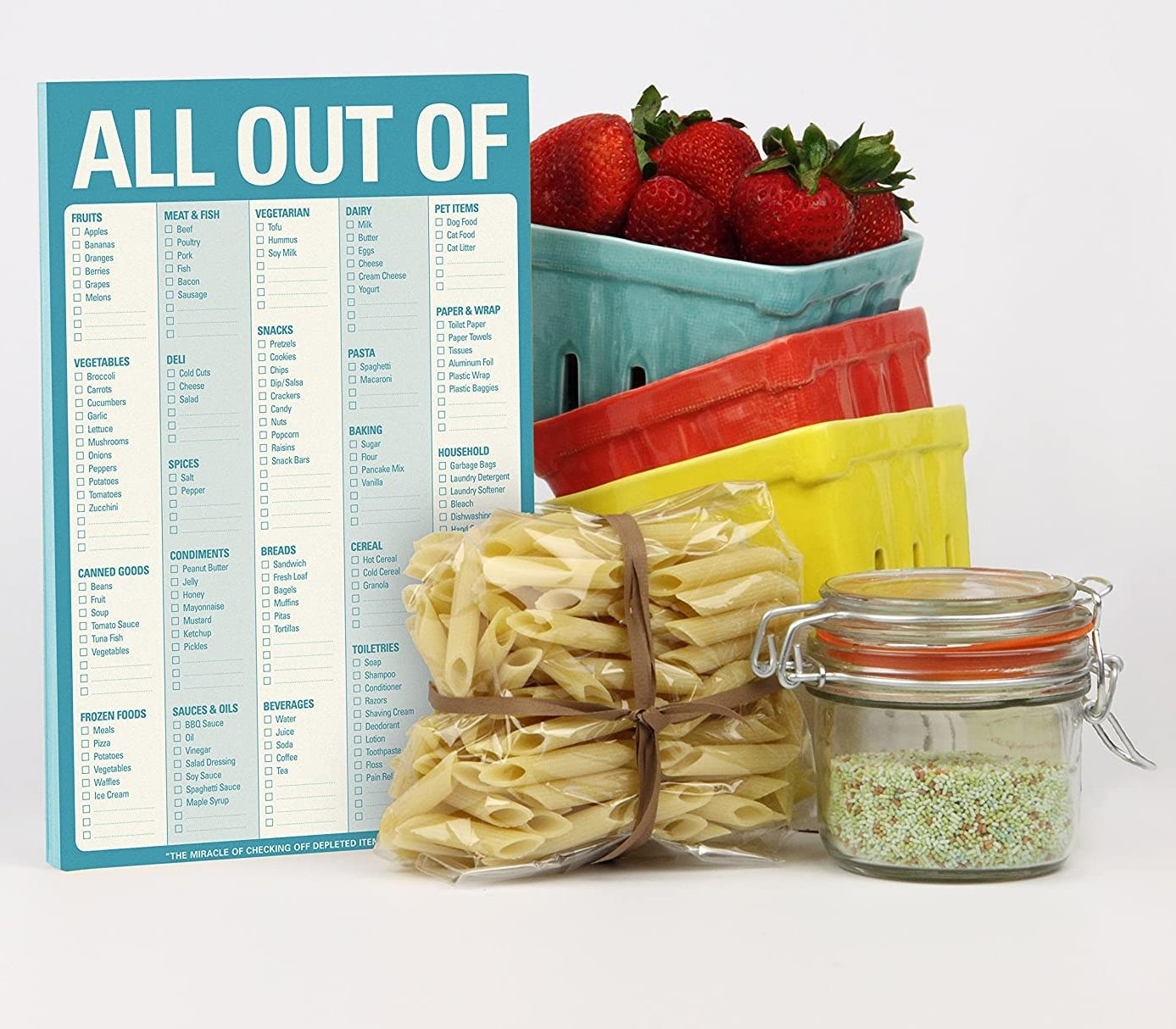 the blue pad with categories like vegetables, canned goods, frozen foods, and toiletries