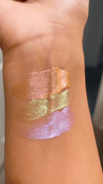 GIF of Jasmin with swatches of the three shades demonstrating their shimmering quality