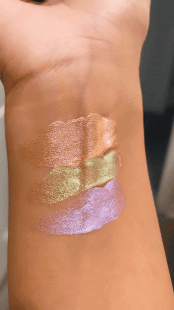 GIF of Jasmin with swatches of the three shades demonstrating their shimmering quality