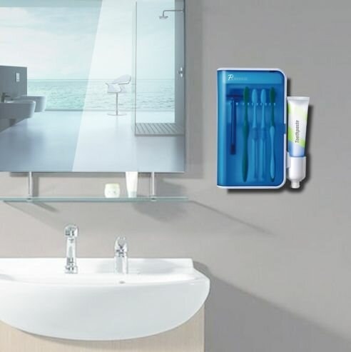 A blue-tinted case holder with five toothbrushes and a space for toothpaste attached