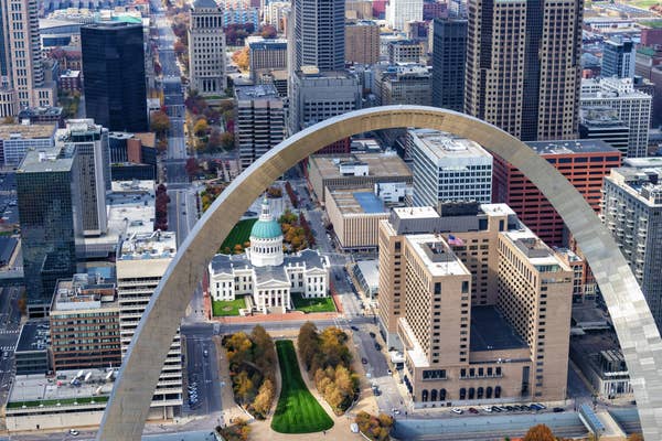 Downtown St. Louis with a view of the Arch.