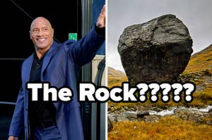 "The Rock?????" with a picture of The Rock waving and a large rock