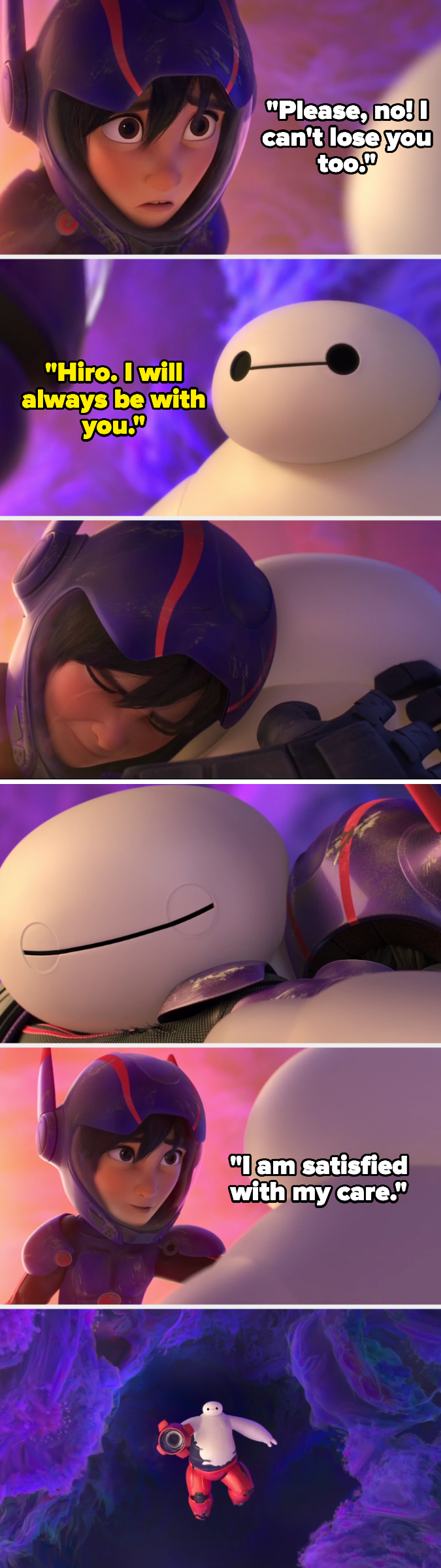 Hiro tells Baymax he is satisfied with his care, and Baymax drifts off into space