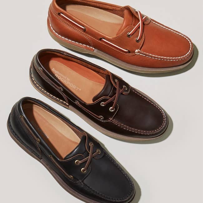 product image tan, brown, and black boat shoes
