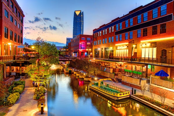 The entertainment district in Oklahoma City with a riverwalk.