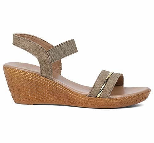 Sandals with a brown heel and grey straps