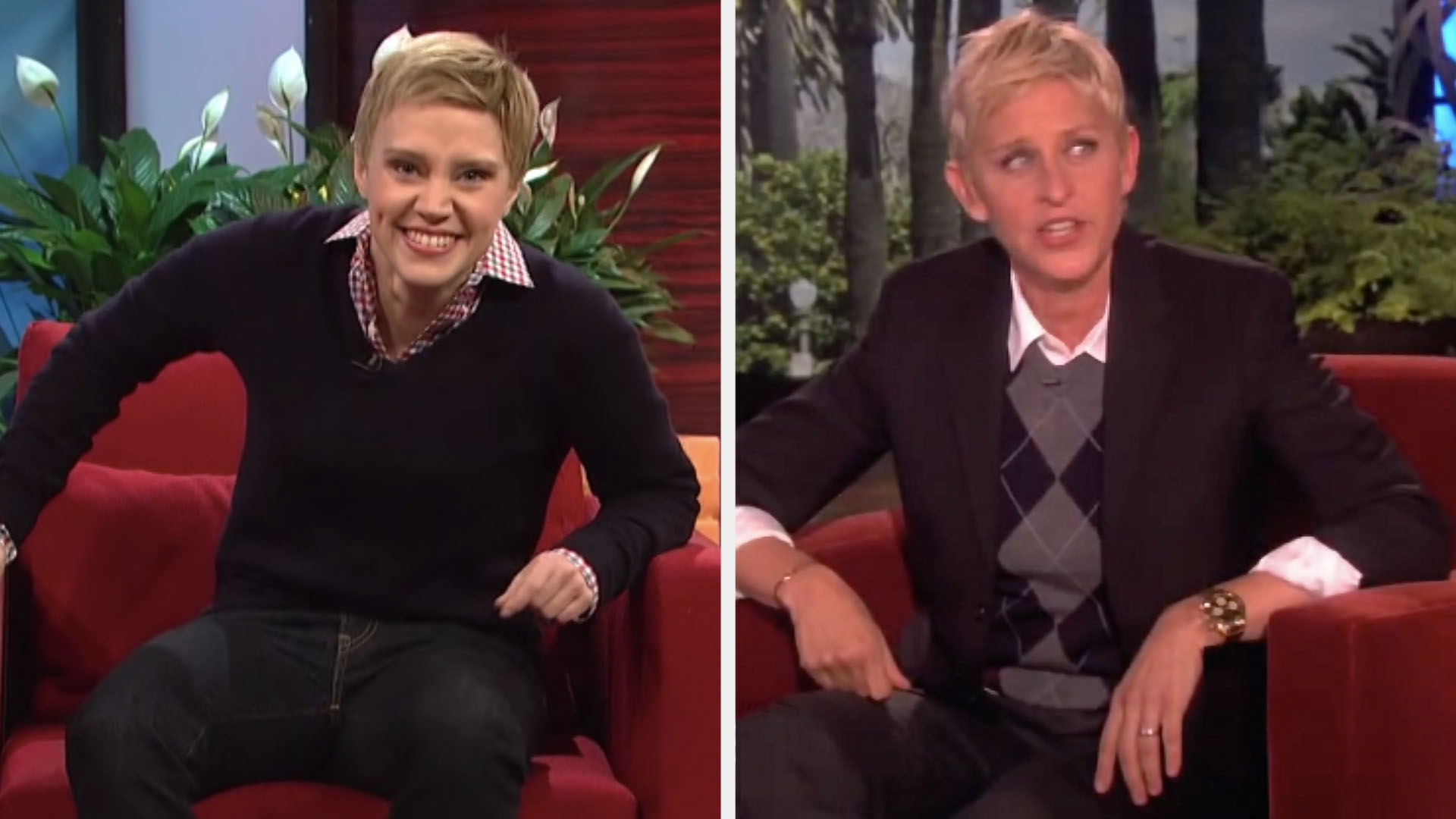 Kate McKinnon dressed as Ellen in a black sweater over a collared shirt side by side to Ellen wearing a similar outfit on her show