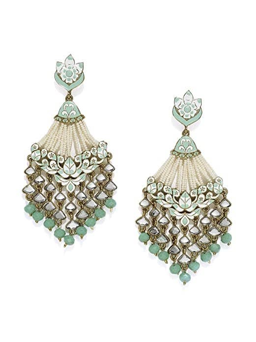 Dangly white and teal earrings with mirror work