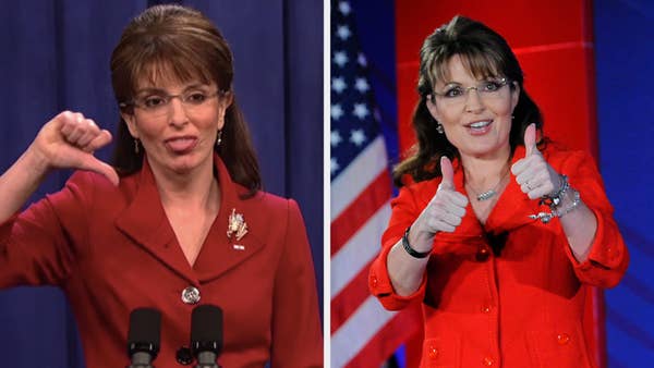 Tina Fey as Sarah Palin giving a thumbs down side by side to Sarah Palin giving two thumbs up