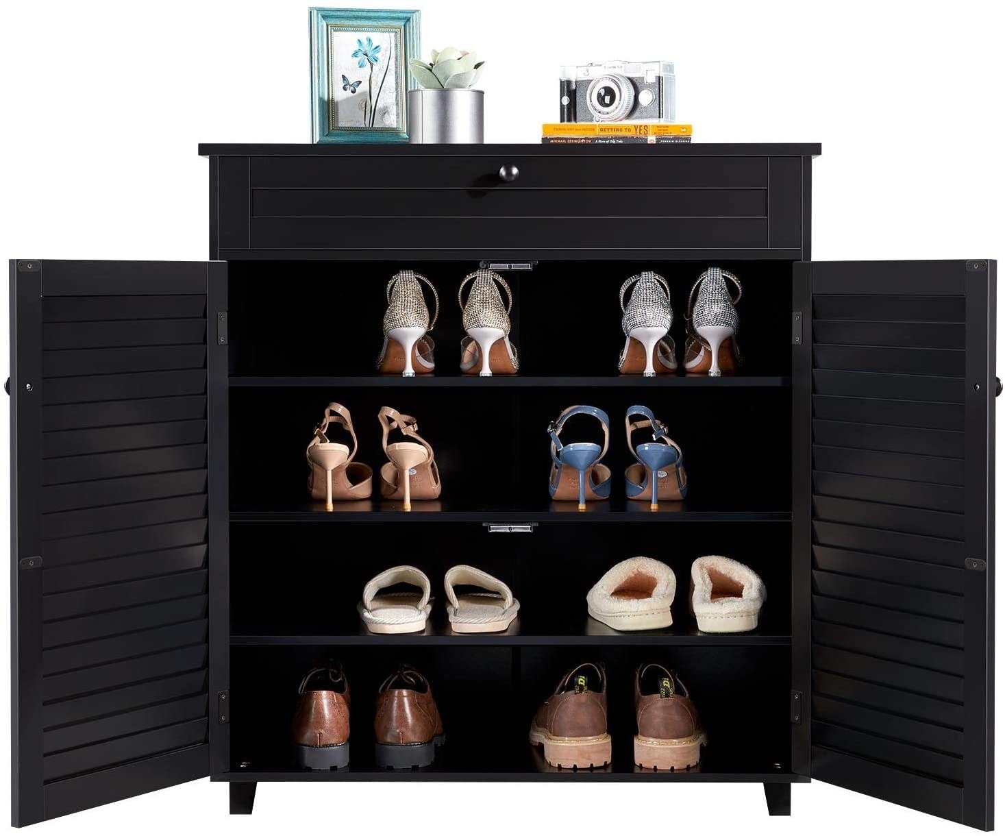 espresso colored shoe cabinet with 4 shelves and shoes inside