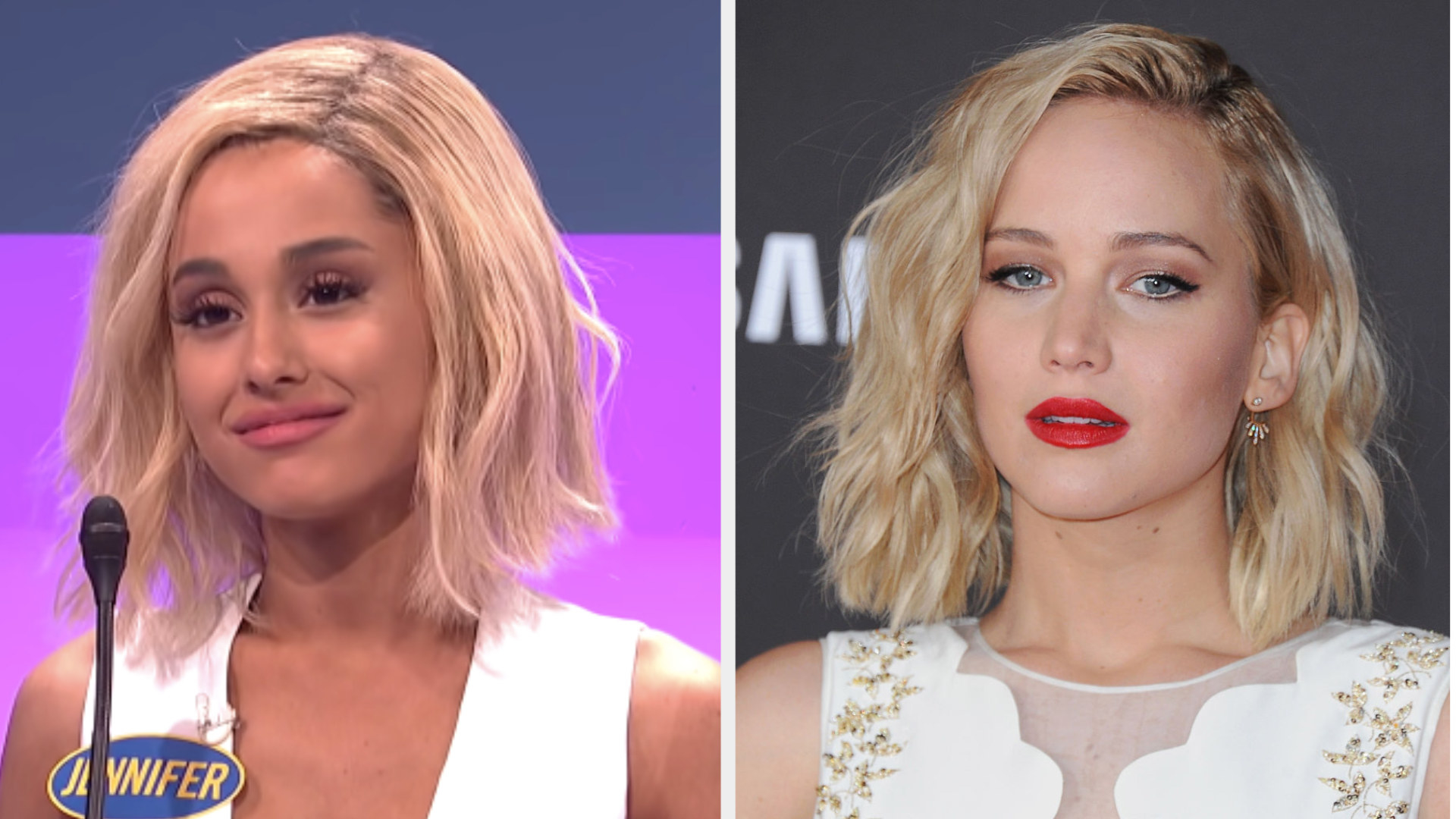 Ariana Grande with short blonde hair wearing a name tag that says &quot;Jennifer&quot; side by side to Jennifer Lawrence with the same haircut