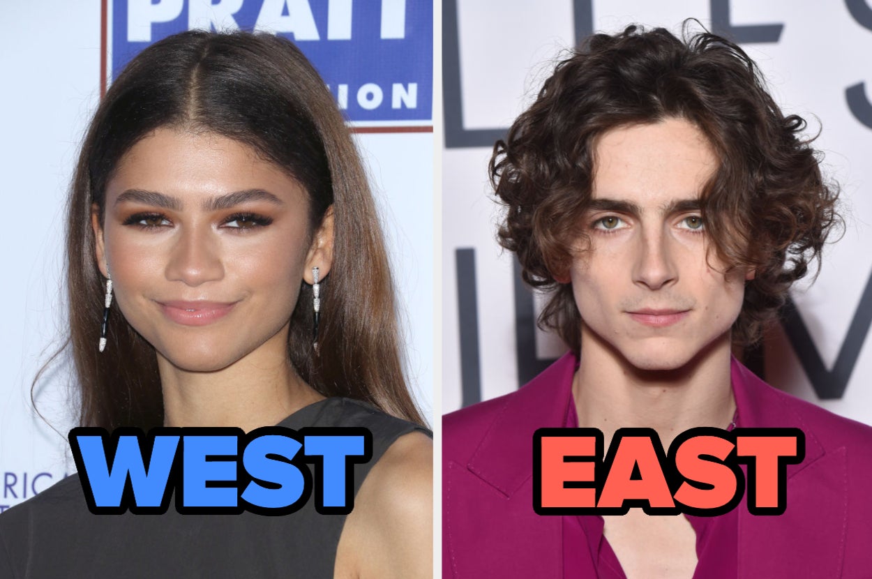 Zendaya labeled "west" and timothee chalamet labeled "east"