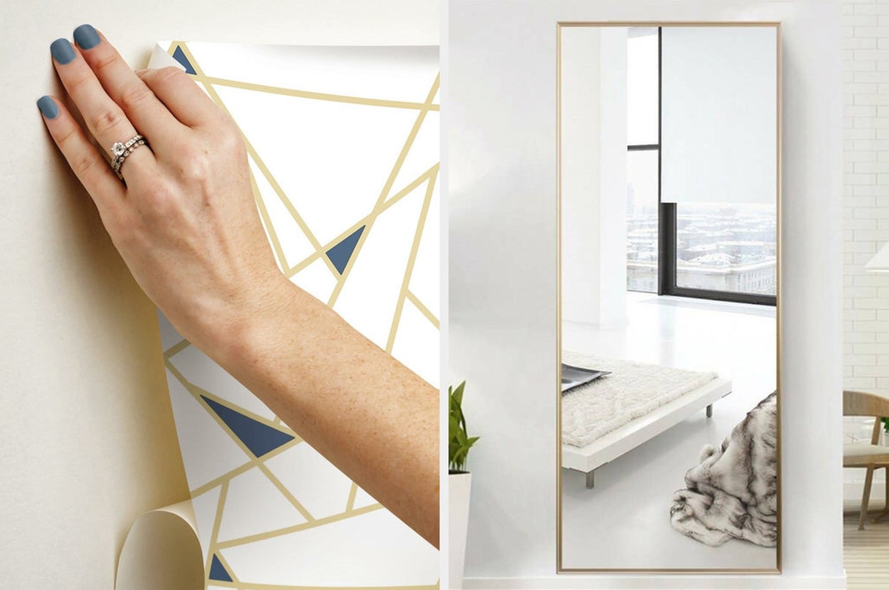 a model installing peel and stick wallpaper and a floor mirror