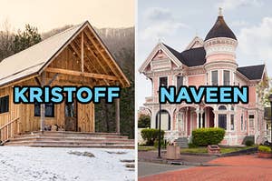 On the left, a simple cabin in a clearing in the woods with snow on the ground surrounding it labeled "Kristoff," and on the right, a Victorian-style home on the corner of the street labeled "Naveen"