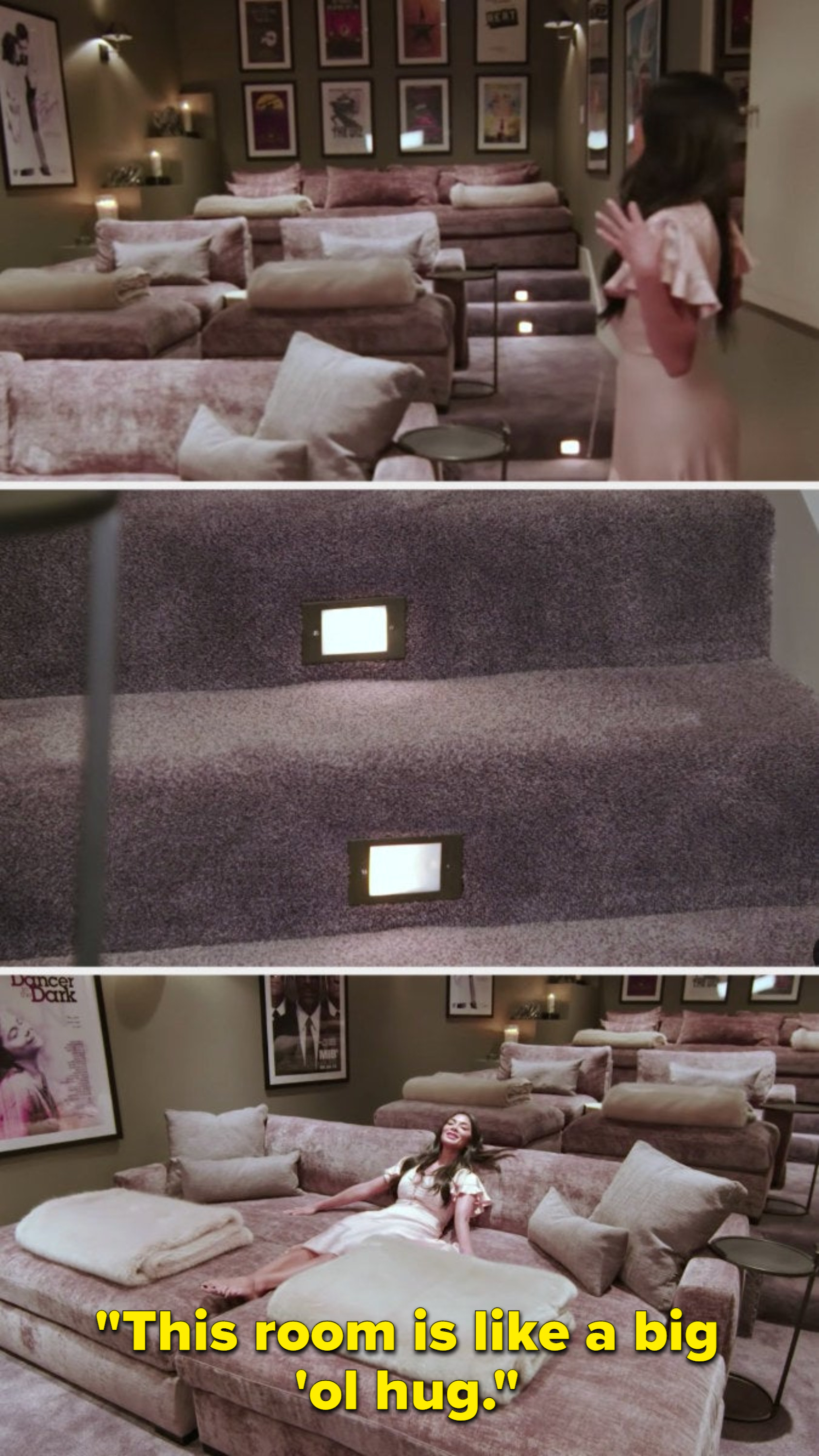 Nicole sinking into one of the 7 foot long couches in her theater and saying, "this room is like a big 'ol hug"
