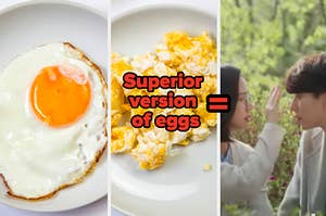 Eggs are shown fried and scrambled labeled, "Superior version of eggs" with a K-drama couple on the right