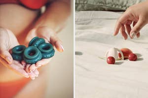 Model holding dark green silicone wrings and model reaching for pink vibrator on bed