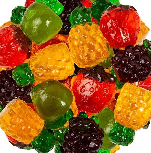 3d fruit gummies shaped like pineapples, apples, blackberries, and strawberries