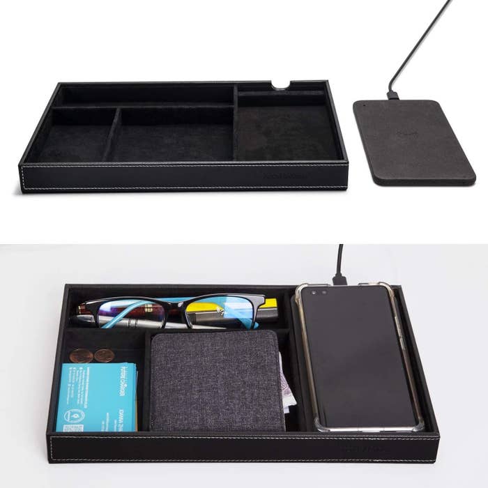 the valet tray with a wallet, phone, glasses, and pens organized inside of it