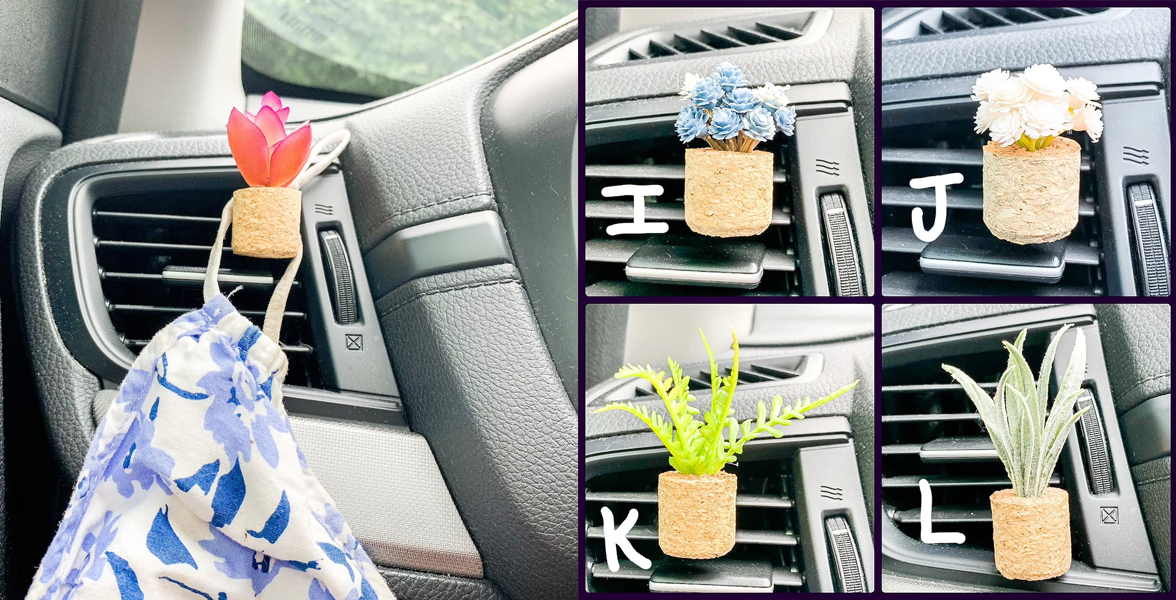 left: cork with plastic plant in it on vent holding mask right: some plant options that are shaped like a fern, aloe, and flowers