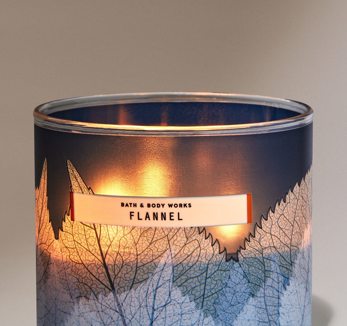 the candle in a scent called flannel that has blue leaves on it