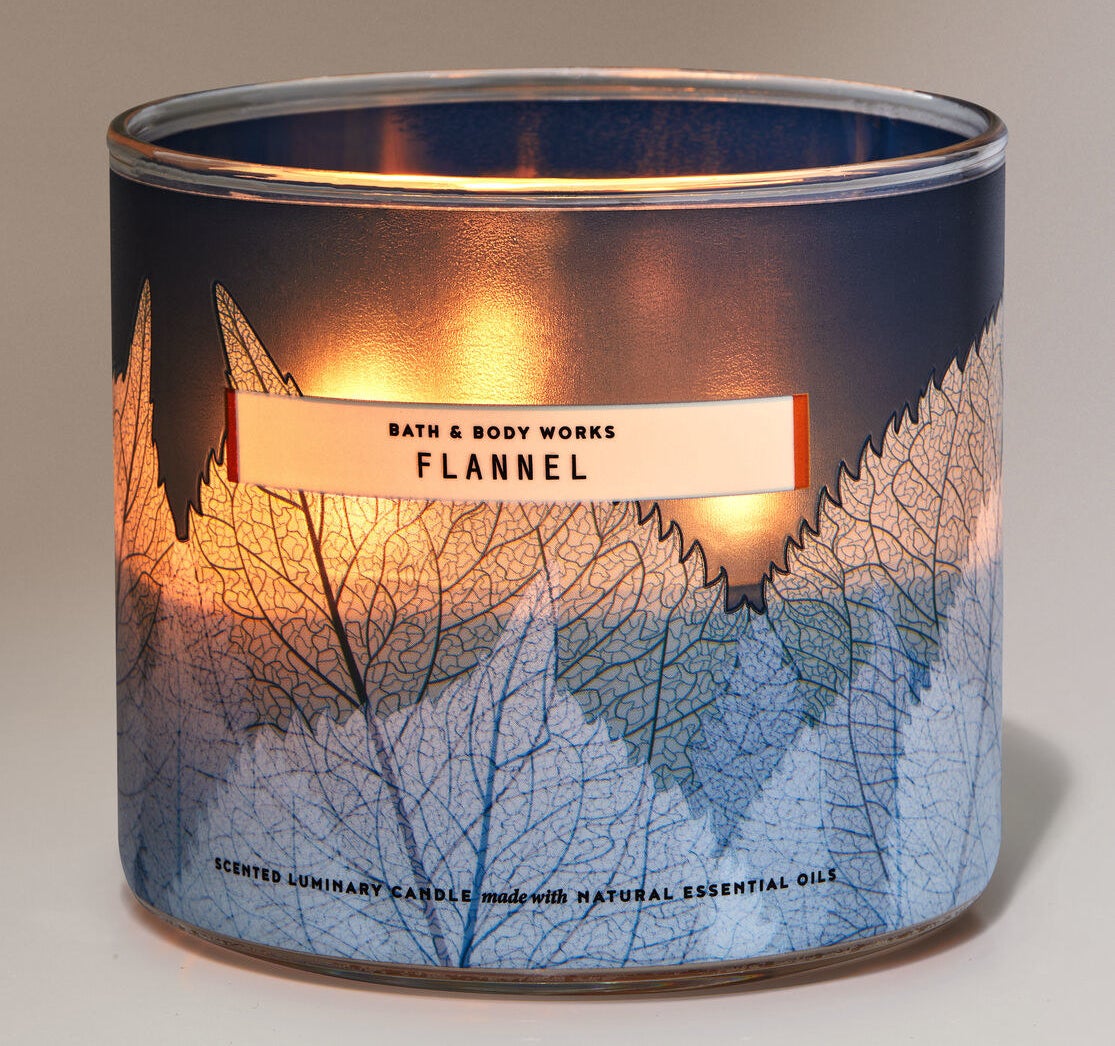 the candle in a scent called flannel that has blue leaves on it