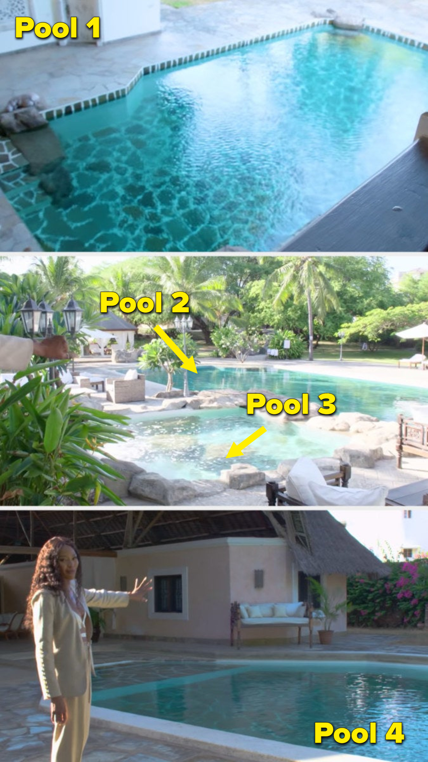 one pool in the living room, two pool in the back courtyard, and another pool in the guest quarters