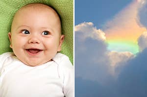 a cute baby smiling on the left and a rainbow peaking out from the clouds on the right