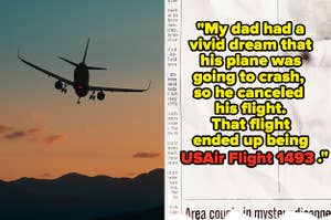 An airplane, and a quote that says, "My dad had a vivid dream that his plane was going to crash, so he canceled his flight. That flight ended up being USA Flight 1493."
