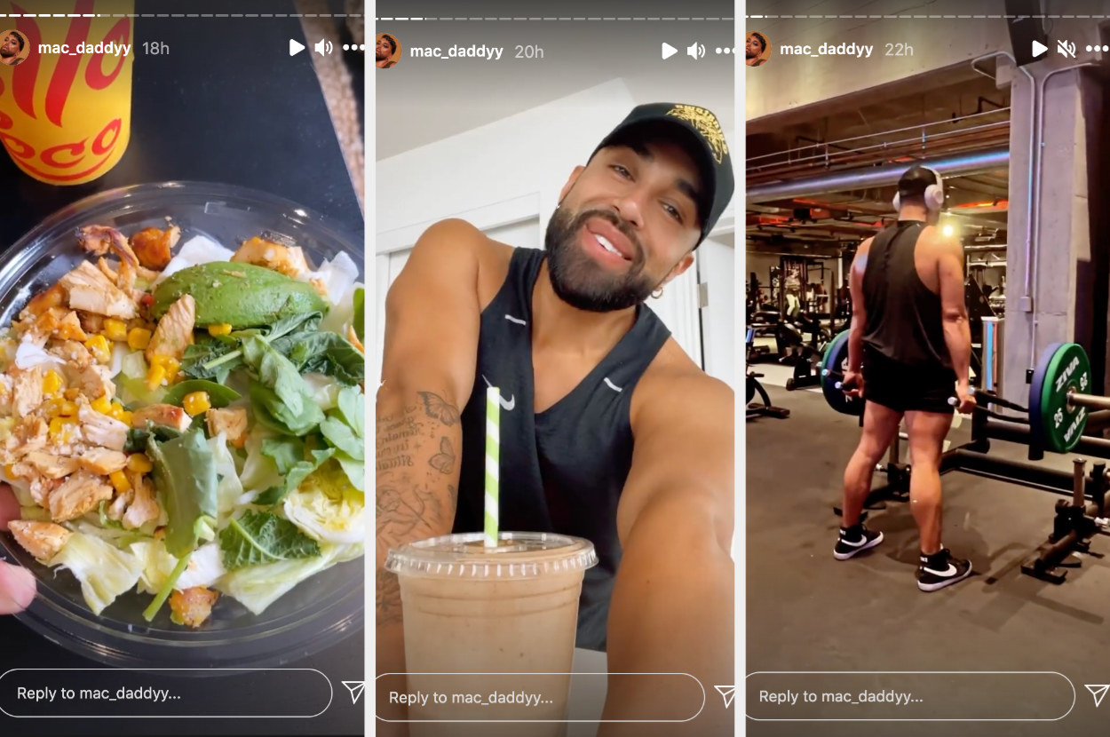 three screenshots, on the left is a salad in the middle is mac daddy talking about his smoothie and on the right is him working out at the gym